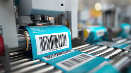 Barcode printer applying labels to food packaging as part of automated logistics systemの素材