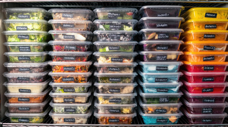 Chilled storage unit filled with organized stacks of labeled prepackaged mealsの素材