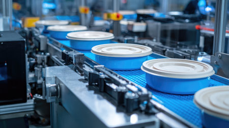 Assorted retort pouch meals on conveyor belt moving toward automated packing zoneの素材