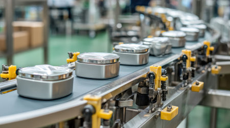Assorted retort pouch meals on conveyor belt moving toward automated packing zoneの素材