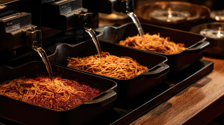 Close-up of ready-to-eat pasta dishes in black containers being filled with sauce by dispenserの素材