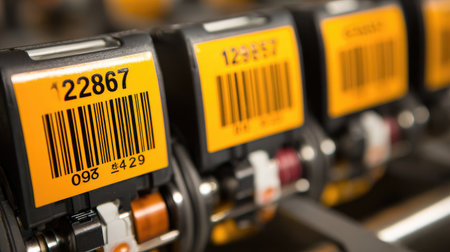 Barcode printer labeling sterilized food pouches with batch number and expiration dateの素材