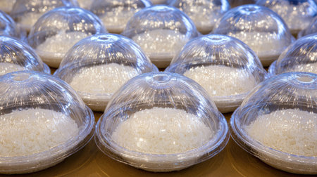 Close-up of clear sealed meal containers containing rice bowls being arranged for shipmentの素材