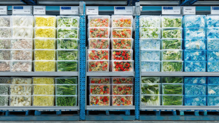 Frozen ready-to-eat food containers neatly arranged on cold storage shelvesの素材