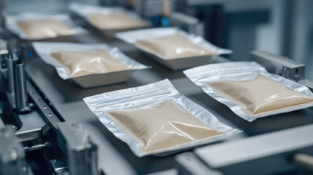 Flexible packaging of meal portions moving through quality check conveyorの素材