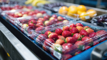 Fresh fruit trays sealed and labeled by robotic packaging arms in modern facilityの素材