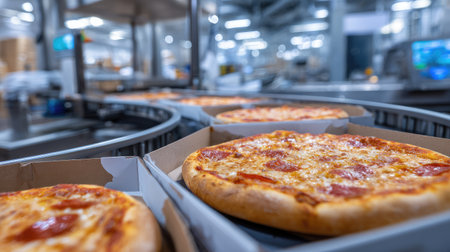 Frozen pizza slices placed into sealed cartons by high-speed automation systemの素材