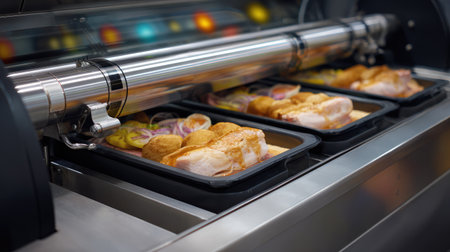 Frozen food sealing machine applying film to trays containing portioned mealsの素材