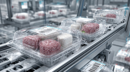 Heat-sealed ready-to-eat breakfast trays with barcode labels lined up for sortingの素材