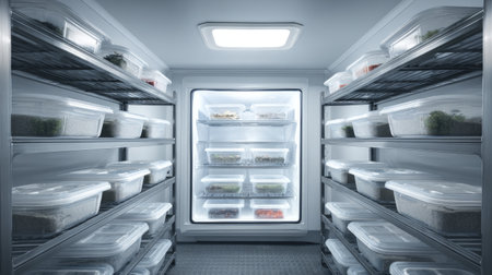 Industrial freezer racks filled with sealed frozen ready-to-eat dinners in standardized traysの素材