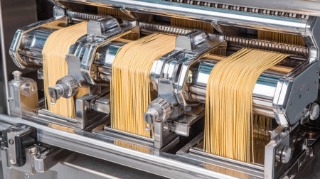 Industrial pasta-making machine extruding dough into spaghetti in commercial setupの素材