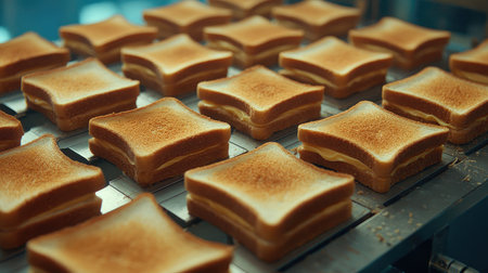 Industrial spreader applying mayonnaise to bread slices uniformly on an assembly lineの素材
