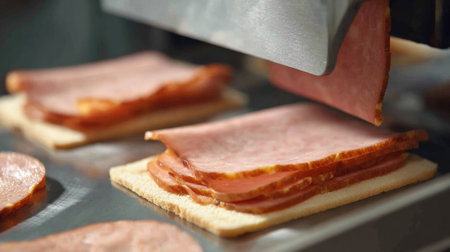 Machine adding layers of ham and cheese to sandwich bases in mass production lineの素材