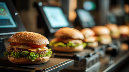 High-speed sandwich assembly line stacking ingredients on buns under quality control sensorsの素材