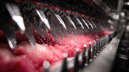 Industrial meat tenderizer with sharp blades preparing cuts for packagingの素材