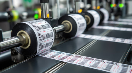 Labeling machine applying printed product details to filled retort pouches in production lineの素材