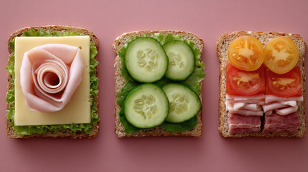 Open-faced sandwiches with exact portions of deli meat and vegetables placed roboticallyの素材