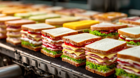 Multiple sandwich varieties being assembled simultaneously on an advanced conveyor systemの素材