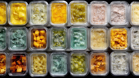 Overhead view of a food production line with rows of different ready-to-eat meals in transparent containersの素材