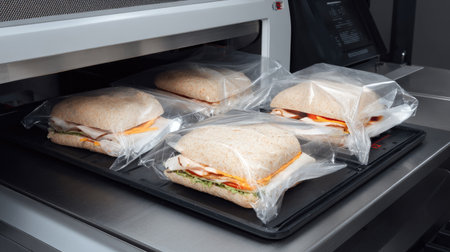 Machine sealing sandwich packages before robotic sorter groups them by product codeの素材