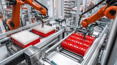 Meal production line with robotic arms organizing sealed trays into cartons for distributionの素材