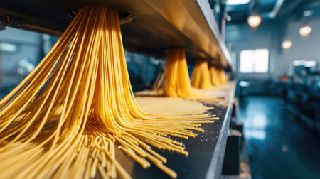 Industrial pasta-making machine extruding dough into spaghetti in commercial setupの素材