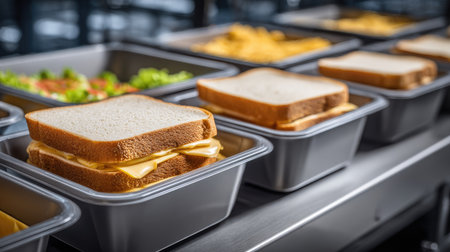Ingredients bins feeding into a sandwich line where layers are placed automaticallyの素材