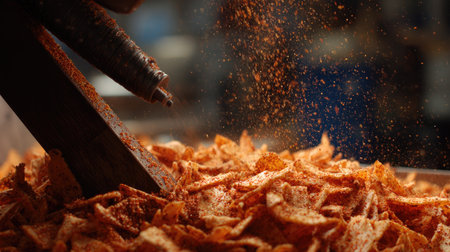 Industrial seasoning applicator distributing flavor evenly across snack productsの素材