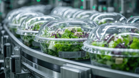 Pre-portioned salads in clear bowls being lidded and labeled on an automated conveyorの素材