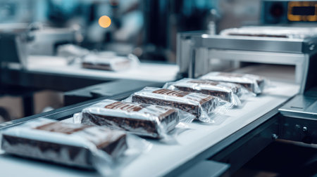 Tightly wrapped snack bars being scanned for defects on an automated quality lineの素材