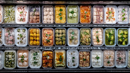 Overhead view of frozen food packaging zone with trays of meals organized by typeの素材