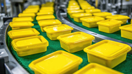 Rows of sandwich containers being filled and sealed automatically in sterile plantの素材
