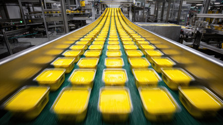 Ready-to-eat curry trays passing through a high-speed labeling machine for automated taggingの素材
