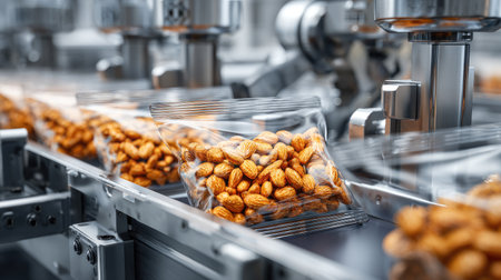 Sealed pouches of snacks aligned for secondary packaging by robotic armsの素材