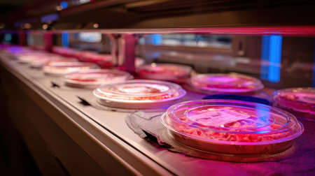 Plastic-sealed frozen pasta dishes on a cooling conveyor under LED inspection lightsの素材