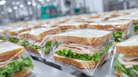 Sandwiches with turkey and greens lined up for plastic wrapping in a clean facilityの素材