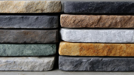Close-up of stacked slate stones showing texture, layers, and natural color variationsの素材