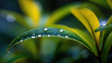 Close-up of raindrops on a leaf in a vibrant jungle setting under soft natural lightの素材