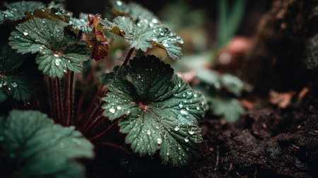 Close-up of raindrops on green leaves in a lush flower garden with dark rich soilの素材