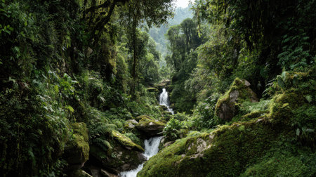 A waterfall surrounded by green rainforest foliage and moss-covered rocksの素材