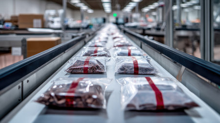 Dry snack bags passing through a metal detector and sorter on automated food packaging lineの素材
