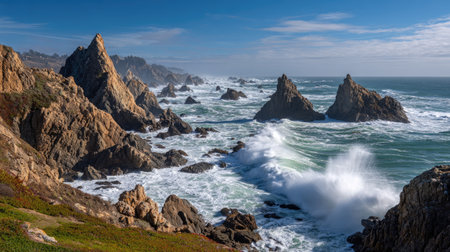 Cliffside view of ocean horizon with jagged rocks, sea spray, and open skyの素材