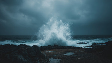 Crashing ocean surf against basalt rocks under stormy skies on a rugged coastlineの素材