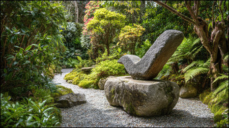 Decorative stone sculpture in a manicured garden surrounded by plants and gravelの素材