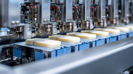 Industrial sealing heads applying heated film over trays of pasta in high-efficiency food lineの素材