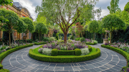 Circular paving with surrounding flower beds, ornamental trees, and neatly trimmed hedgesの素材