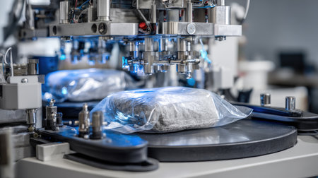 Machine sealing sandwich packages before robotic sorter groups them by product codeの素材