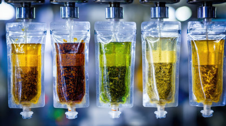 Industrial food-grade filler dispensing liquid meals into self-standing retort pouchesの素材