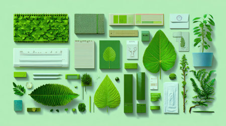 Abstract eco-themed flat lay with all green objects including leaves, notebooks, and plantsの素材