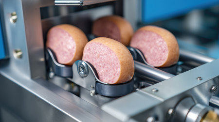 Large-scale sausage stuffing machine filling casings with precision in clean environmentの素材